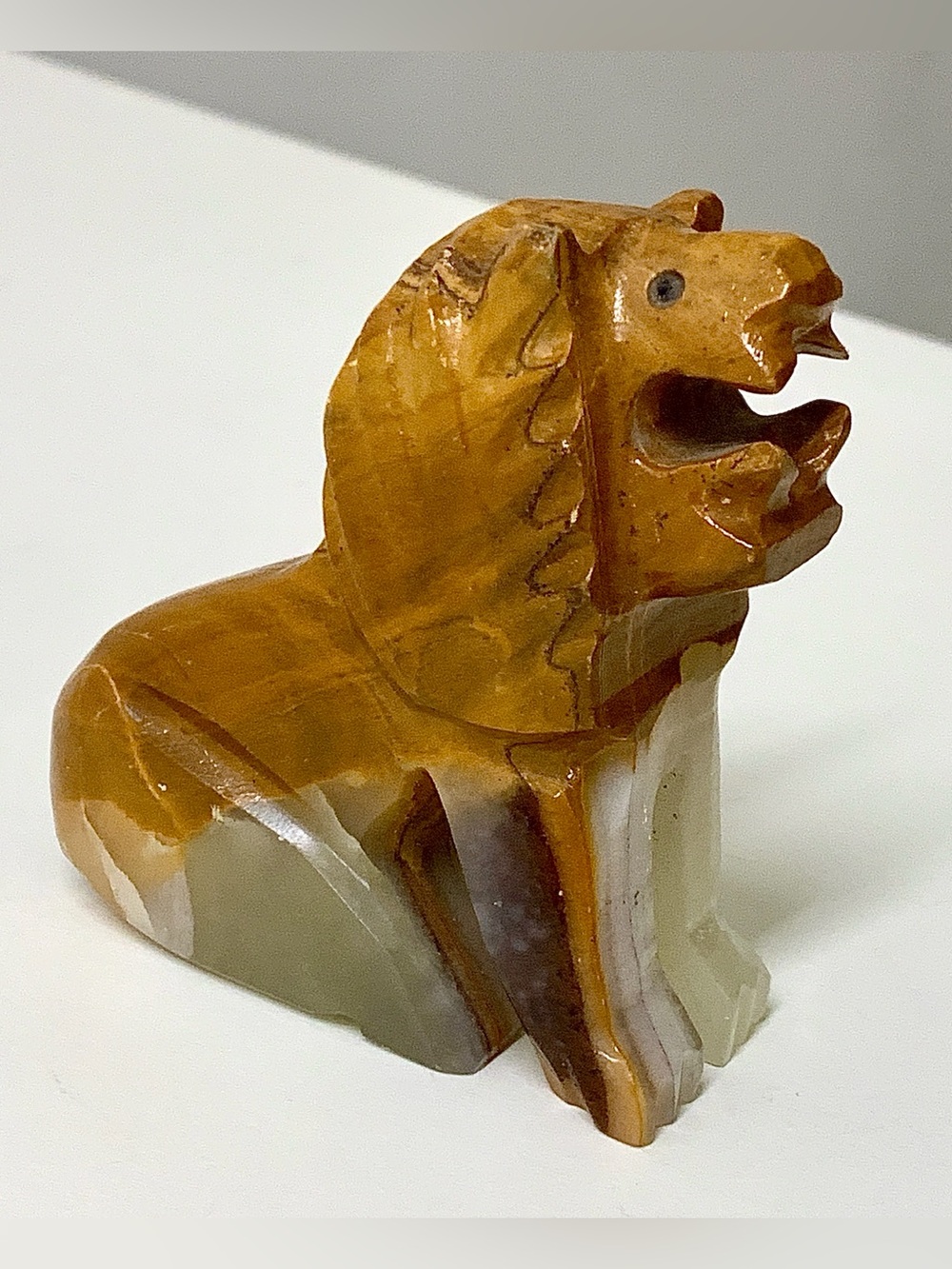 Vintage Hand Carved Brown White Solid Onyx Marble Lion Figurine